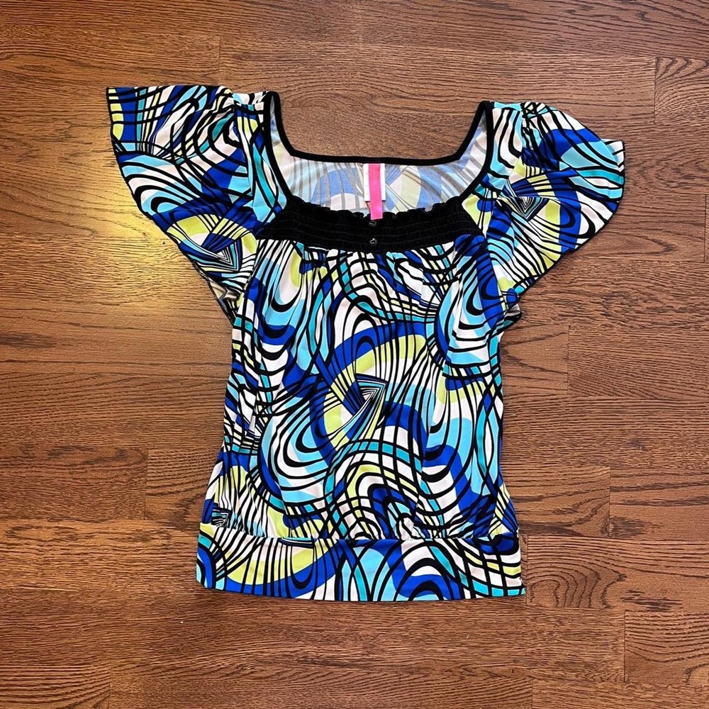 Y2K‎ Blue & Green Abstract Print Ruffle Trim Flutter Sleeve Top Medium